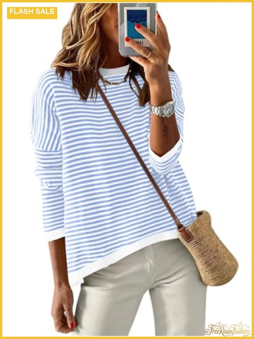 Womens Striped Knit Pullover Sweater Long Sleeve Crewneck Loose Fit
